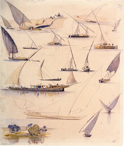 Études de divers bateaux égyptiens. Dessin aquarelle coloré