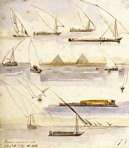 Étude de divers bateaux égyptiens (Dahabeeyahs et Gyassis), avec une scène devant les pyramides de Gizeh (Le Caire) au milieu de la page