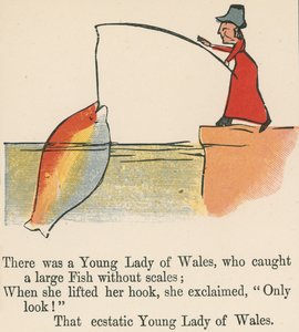 Il y avait une jeune dame du Pays de Galles, qui attrapa un grand poisson sans écailles, de 