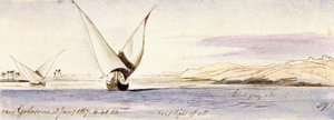 Vue du Nil près de Golosona, avec un bateau égyptien traditionnel naviguant - Edward Lear