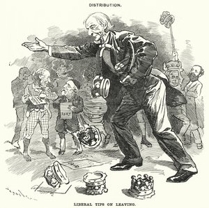 Caricature de Punch : Distribution. Conseils libéraux au départ (gravure)