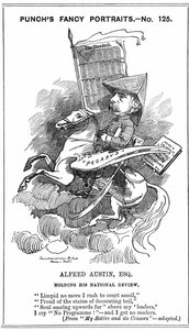 Alfred Austin (1835-1913) poète lauréat britannique à partir de 1896. Caricature par Edward Linley Sambourne (1844-1910) dans la série Fancy Portraits dans Punch, Londres, 3 mars 1883, lorsque Austin est devenu rédacteur en chef de National Review. Gravure