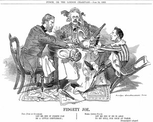 Gouvernement de coalition. Le duc de Devonshire et Arthur Balfour (au centre) essayant de contrôler Joseph Chamberlain, chef du parti junior dans la coalition. En septembre 1903, il a démissionné pour être libre de défendre ses réformes tarifaires. Caricat