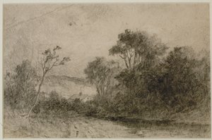 Paysage avec toits derrière des arbres (#49) c. 1880s