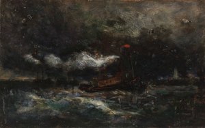 Tempête, bateau-phare de Brenton dans la tempête, phare en arrière-plan