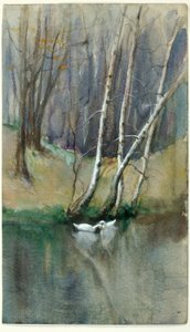Sans titre (scène en bois avec bouleaux et canards)