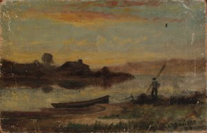 Sans titre (paysage, bateau amarré près de la rive avec un homme qui marche)