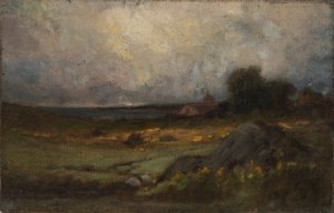 Sans titre (paysage avec rocher au premier plan et toit avec clocher, lac à l