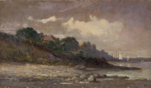 Sans titre (rivage avec voiliers et toit) - Edward Mitchell Bannister