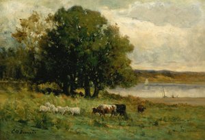 Sans titre, bétail près de la rivière avec voilier au loin, n.d.