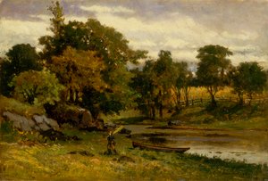 Paysage sans titre, bateau amarré près du ruisseau, homme marchant au premier plan
