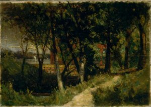 Paysage sans titre, scène de forêt avec clôture rouge et bâtiment