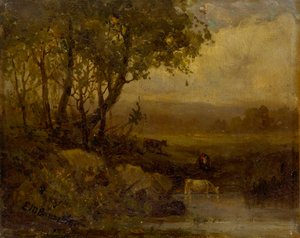 Paysage sans titre, rive, trois vaches