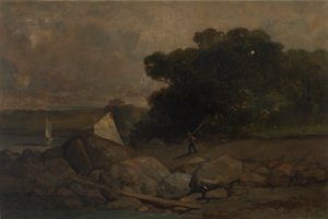 Paysage sans titre avec des rochers, un homme et des voiliers - Edward Mitchell Bannister