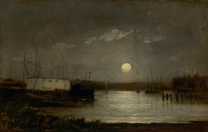 Sans titre lune sur un port, scène de quai avec pleine lune et mâts de bateaux, vers 1868