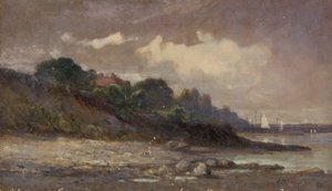 Rivage sans titre avec voiliers et toit