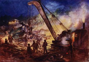 Grue enlevant les débris sur le lieu d