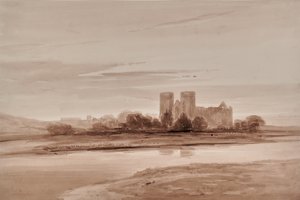 Paysage avec église et rivière ou lac - Edward Pretty