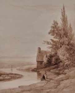 Paysage aquatique avec personnages et un petit bateau - Edward Pretty