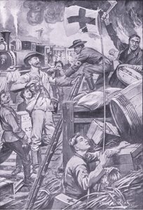 Faux ambulanciers détruisant des magasins à Komati Foort sous couvert du drapeau de la Croix-Rouge, illustration de Après Pretoria : La guerre de guérilla, 1902