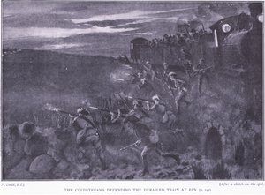 Les Coldstreams défendant un train déraillé, illustration de Après Pretoria : La guerre de guérilla, 1902
