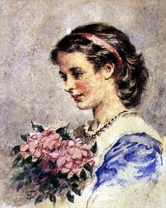 Jeune fille avec un bouquet de fleurs roses - Edward Tayler