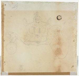 Étude pour le taxi et la roue avant gauche du carrosse et étude pour la tête de la figure couronnée assise sur le carrosse (verso) - Edward Tennyson Reed