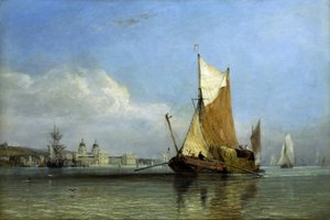 Une barge pleine de foin au large de Greenwich, sur la Tamise (Angleterre), un type de bateau à fond plat, pratique pour entrer dans les criques des fermes de Suffolk et Margate, allait et venait au cœur de Londres pour fournir du foin à des centaines de c