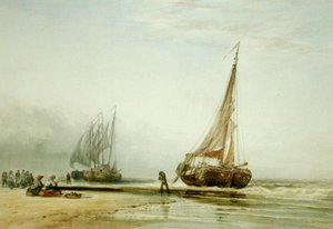 Bateaux de pêche néerlandais sur la plage avec des groupes de pêcheurs