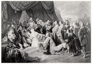 La Reddition de Calais, 4 août 1347, gravée par John Young - Edward after Bird