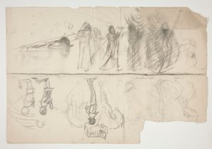 Feuille de croquis pour la série murale La Quête du Saint Graal à la bibliothèque publique de Boston (recto); Croquis non identifié (verso) - Edwin Austin Abbey