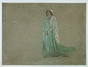 Étude, femme en longue robe verte, écharpe rose