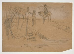 Deux hommes et deux chevaux dans un paysage - illustration non identifiée