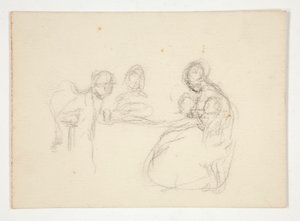 Illustration non identifiée - Étude de figures à une table. Homme assis au verso.