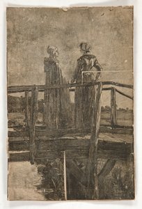 Gravure sur bois sans titre par E.A. Abbey (?) de deux dames sur une passerelle en bois - illustration pour William Black - Edwin Austin Abbey
