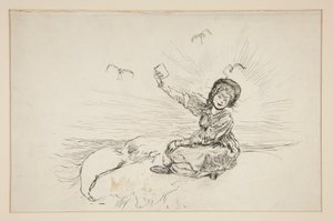 Femme sur la plage tenant un livre, esquisse pour The Lay of the Lobster