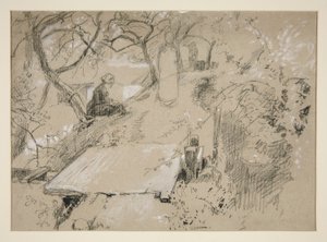 Femme assise sur un banc dans un jardin ou un parc public - illustration non identifiée