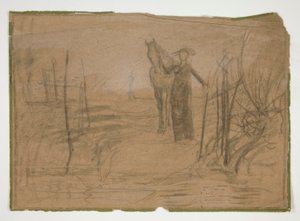 Femme avec cheval dans un paysage - illustration non identifiée
