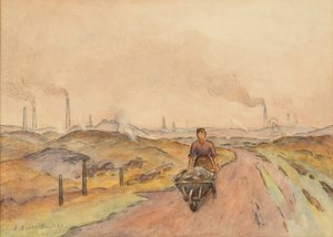 Scène industrielle, homme avec une brouette