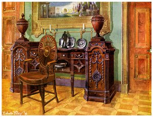 Buffet en acajou sculpté et chaise de maître à dossier en roue ovale, 1911-1912