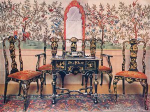 Canapé en Laque Noire, Chaises et Table, Miroir en Laque Rouge. Papier Peint à Wotton-under-Edge - Edwin John Foley
