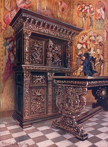 Armoire en chêne sculpté, portant le chiffre de Lambert Suavius de Liège. Table en chêne sculpté