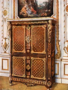 Secrétaire droit en marqueterie de divers bois, avec rosettes en bronze doré, etc.
