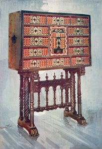 Cabinet Vargueno en châtaignier, ivoire, etc., peint et doré avec montures en fer forgé et acier : sur un support torsadé, tourné et sculpté