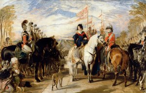 La reine Victoria et le duc de Wellington passant en revue les Life Guards, le grand parc de Windsor au loin