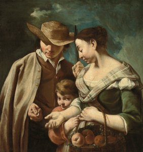 Un vendeur de fruits et un jeune garçon, avec un panier de pêches, poires et raisins, dans un paysage, avec un homme tenant un fusil et une pièce de monnaie - Egidio (attr.to) Dall