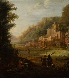 Paysage boisé avec deux chasseurs à l