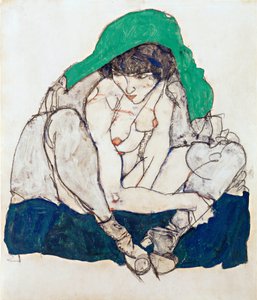 Femme accroupie avec foulard vert - Egon Schiele