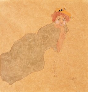 Fille en robe olive avec bras appuyé - Egon Schiele