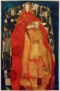 Mère avec enfant en manteau rouge
